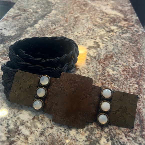 black braided leather belt with a ornate metal buckle Six Mother of Pearl